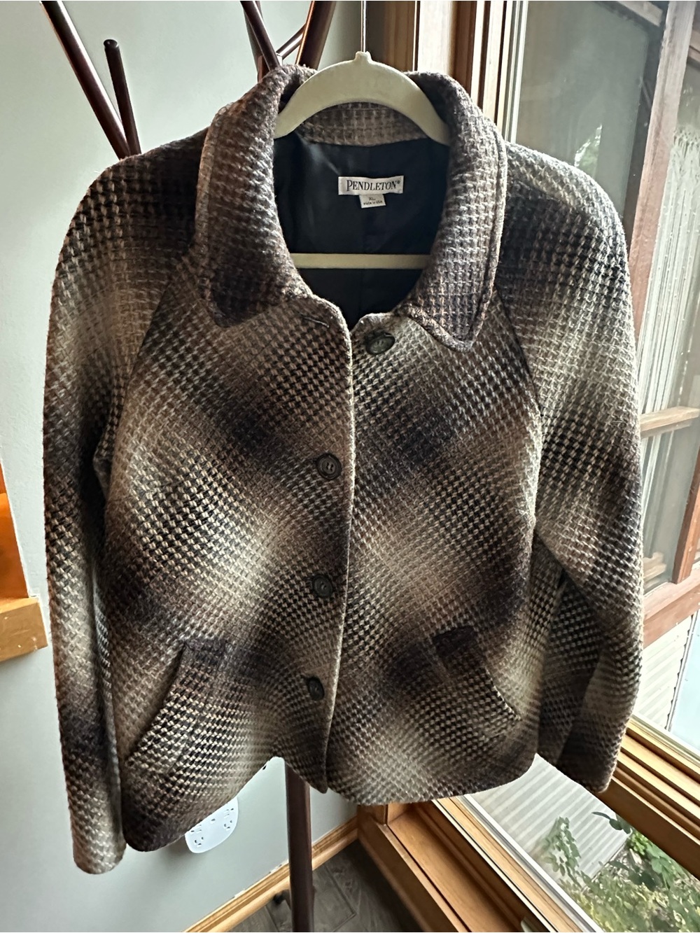 Pendleton Brown Beige Plaid Wool Pea Coat - Picture 2 of 11